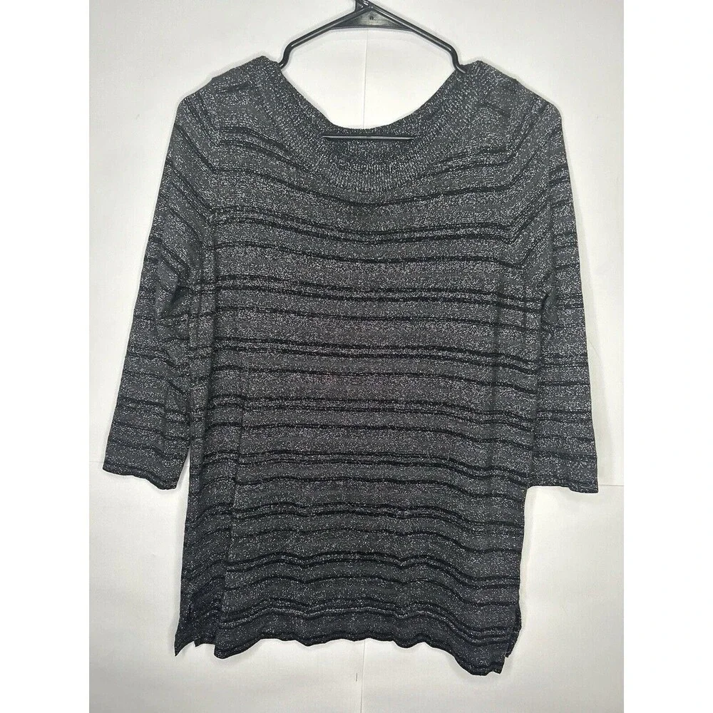 Worthington Women’s 3/4 Sleeve Sparkle Pull Over Sweater Black/Gray Size Medium